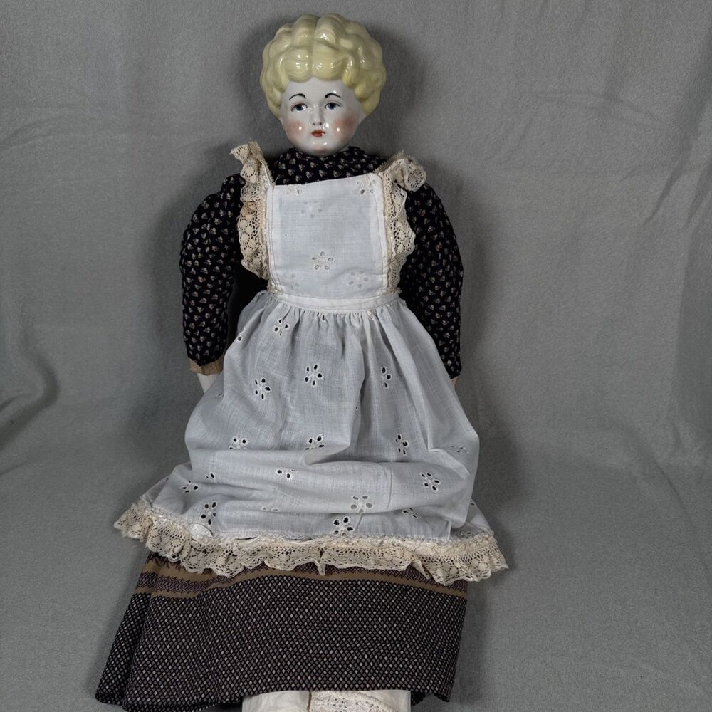 Vtg 1978 Bisque Doll 26” Handmade Porcelain Lady Body Signed Blonde Blue Eyes